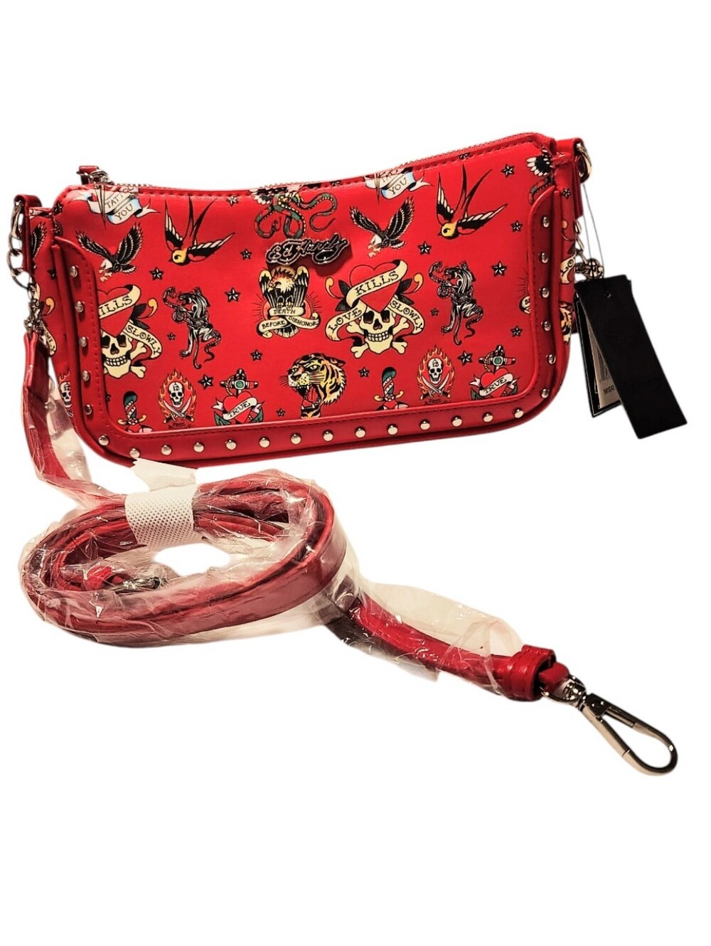 Ed Hardy Red Grunge Skull Heart Tiger Studded Crossbody and Chain Link Purse